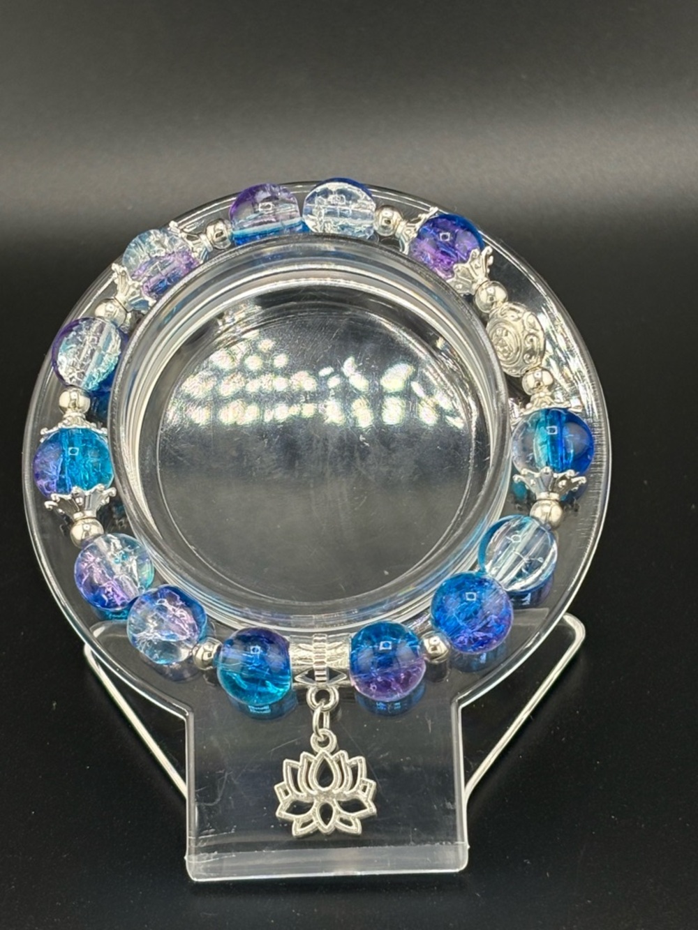Lotus Charm Blue-Purple Glass Bead Stretch Bracelet